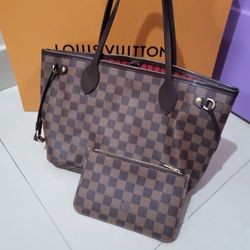 LOUIS VUITTON Neverfull PM Shoulder Tote Bag Damier Leather And Pouch 