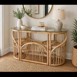 Rattan Console Table with Glass Top – Boho / Coastal Style