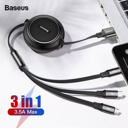 Baseus 3 in 1 Retractable USB Fast Charging Cable Charger Cord for iPhone Micro USB Type C Cable