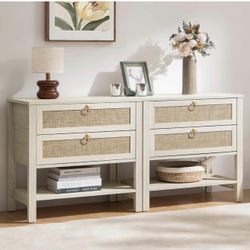 Night Stands Set of 2 for Bedroom, Large Bedside Tables with Drawer & Open Shelf, Wide Boho Rattan N