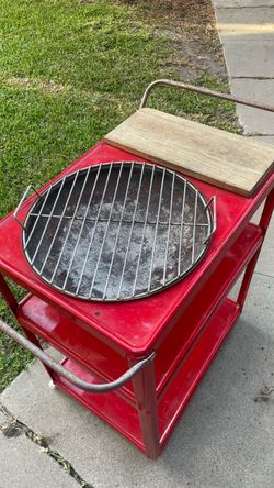 Red Metal Outdoor Grill Cart with Grate
