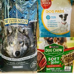 Used Blue Buffalo Chicken 30LBS Bag + Purina Dog Chow  Grilled Steak Flavor(used a Few) w/ Pounces of Food & Dog Pads