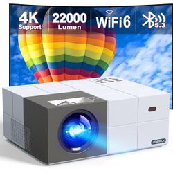 4K Projector with WiFi 6 and Bluetooth 5.3, 22000L Smart Movie Projector, Outdoor Phone Video Projector with 100" Screen, 50% Zoom/450" Display, Compa