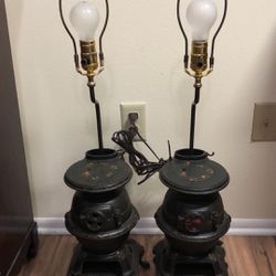 Rare -A  Pair of Grey iron Casting Pot Belly Wood Stove Lamps