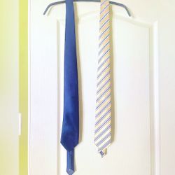 TWO Men’s Polyester Neckties, Solid Navy & Yellow Diagonal Stripe Standard Style