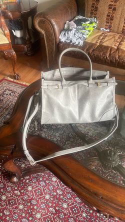 Gray Structured Leather Handbag with Crossbody Strap