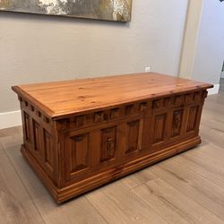 Antique Solid Wood Lift Top Trunk Chest Table On Wheels