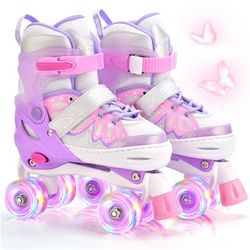 NEMONE 4 Size Adjustable Light up Roller Skates for Girls, Butterfly Roller Skates for Kids Ages 4-6