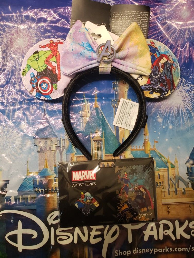 NEW Disney Avengers Artist Series Ears With Detachable Bow & Limited Edition Pin