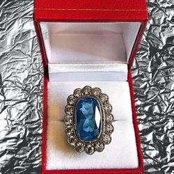 Aquamarine Statement Ring in Synthetic Diamond & Silver