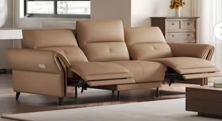 112.5-in. wide 40.1-in. deep dual motor recliner, Orange recliner, with adjustable headrest and USB port