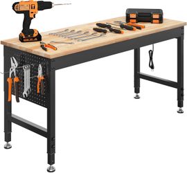 60" Adjustable Workbench, 2000LBS Max Load, Pegboard & Power Strip Rubberwood Tabletop, for Garage, Workshop, Home Stable Structure: Table
