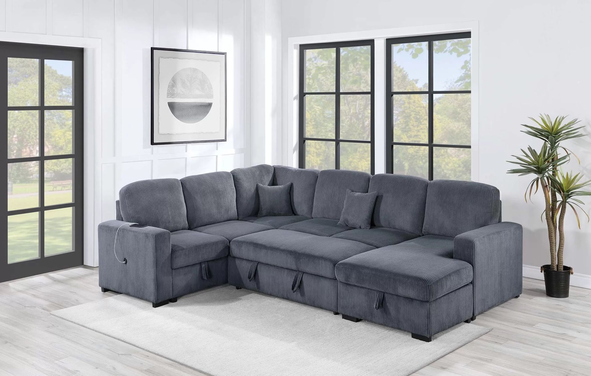 New 92x119x60 Corduroy Sectional Couch With Sleeper And USB