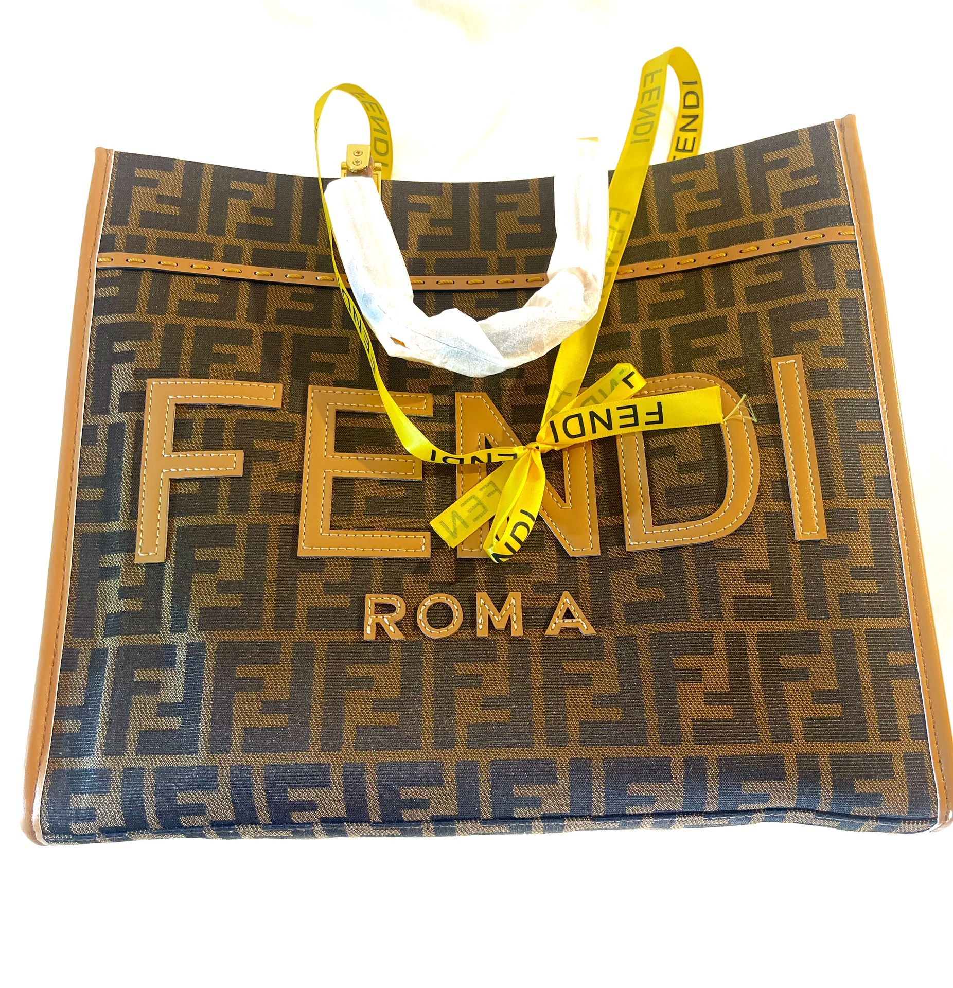 FENDI Zucca Canvas Leather Sunshine Tote Bag Khaki Beige