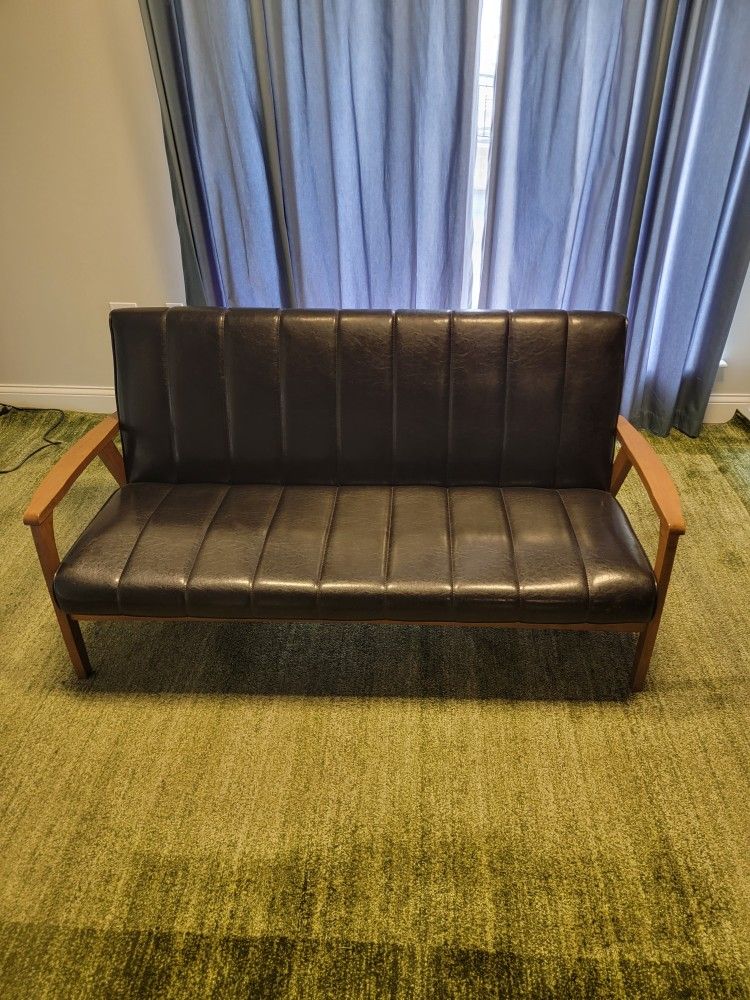 Mid-century Modern Scandinavian Style Black Faux Leather Wooden 3-Seater Sofa