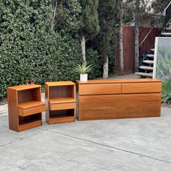 3-Piece Bedroom Set Danish Modern Mid Century Teak Headboard Dresser Bed + Nightstand Pair