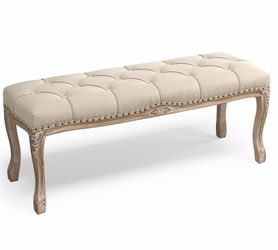 French Vintage Tufted Entryway Bench, 45.2" Carving Upholstered End of Bed Bench with Distressed Wood Legs, Linen Ottoman Seat for Living Room, Dining