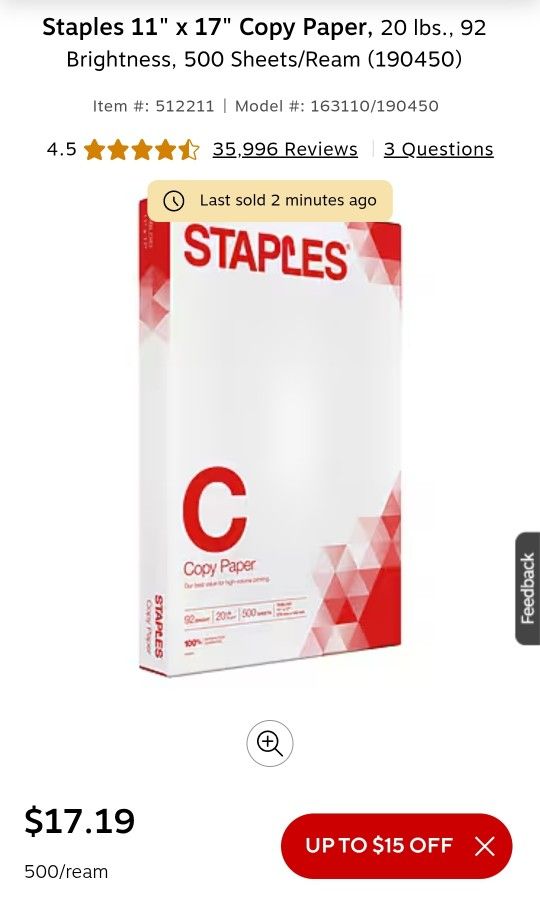 Staples Set of Three 500 Sheet 11x17" Copy Paper