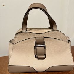 Nicoli Italy Dome Satchel – Two-Tone Nude and Taupe Leather Bag Purse 2 Handles