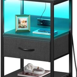 Nightstand with Charging Station, LED Bedside Table with Fabric Drawer, Night Stand with Storage, 3-Tier Bed Side Table, End Table for Bedroom/Living