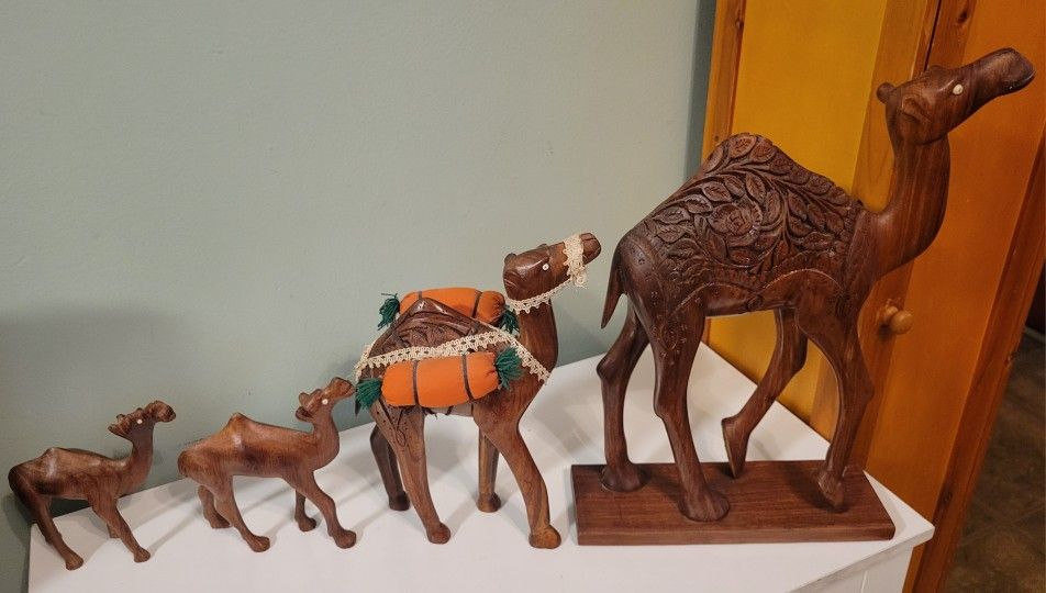 Camel Family Caravan Figures - 10% Hand Carved Wood