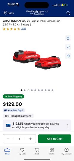 CRAFTSMAN V20 20 -Volt 2 -Pack Lithium-ion (2.0 Ah 2.0 Ah Battery )