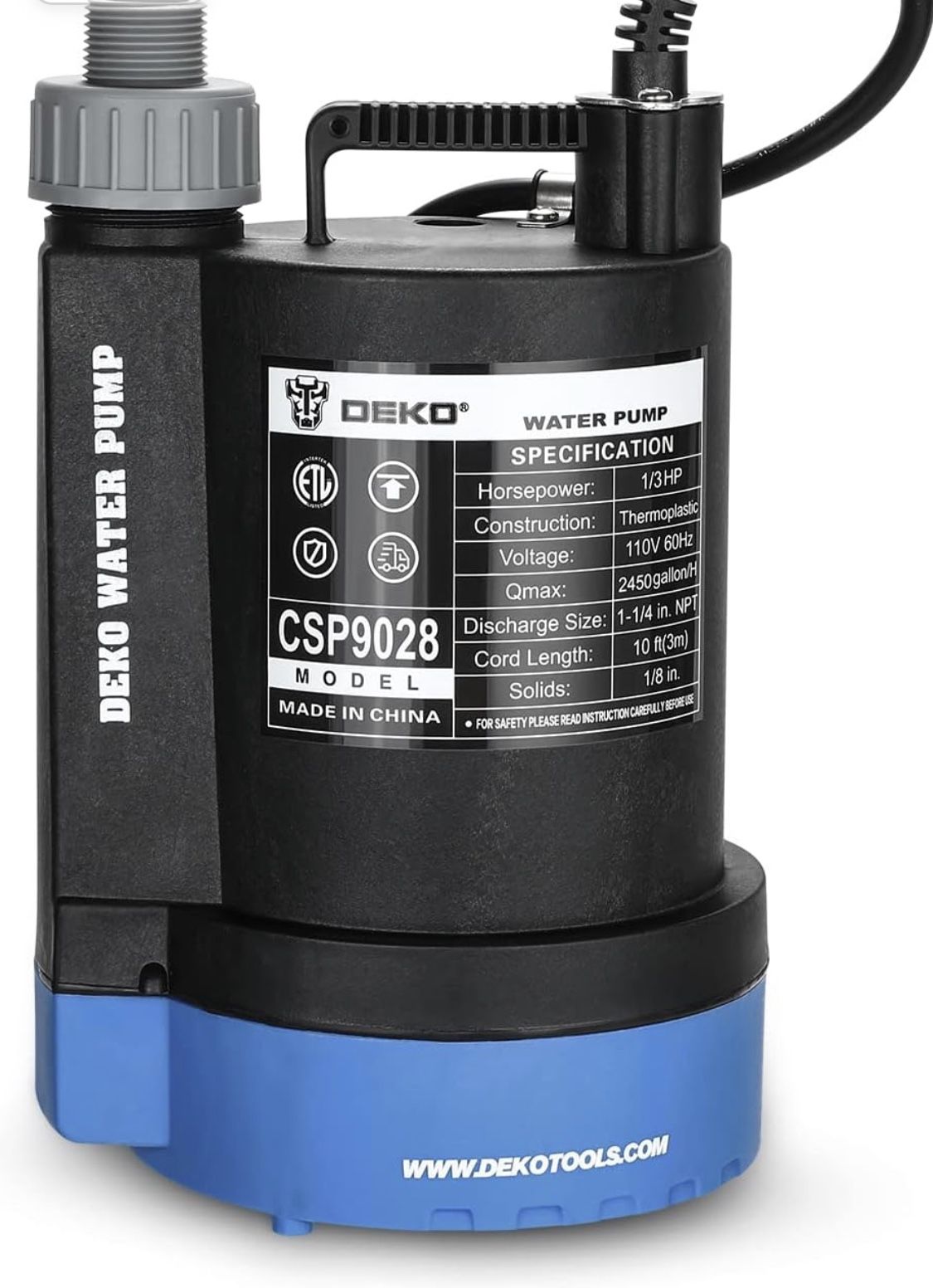 DEKOPRO Submersible Water Pump 1/3 HP 2450GPH Utility Pump