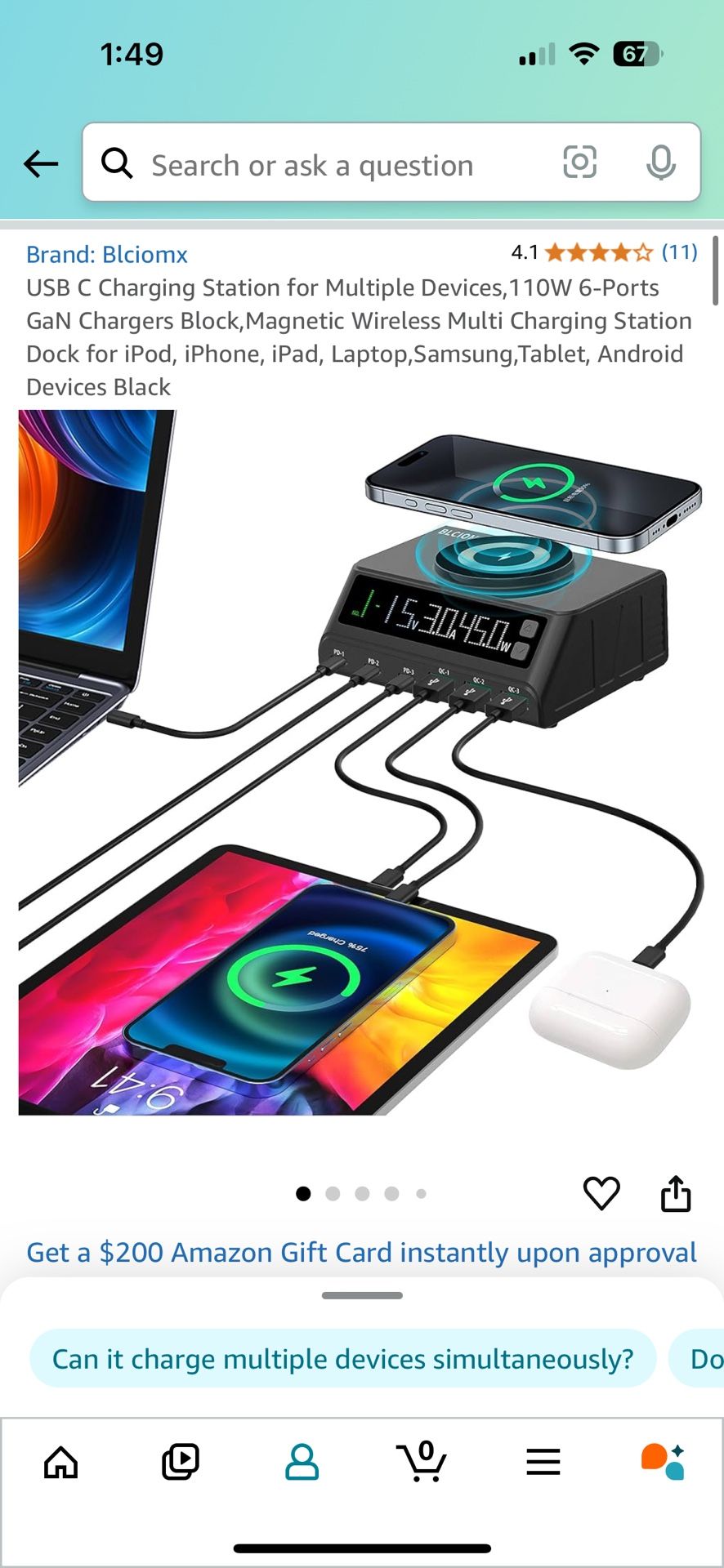 Brand New USB C Charging Station for Multiple Devices, 110W 6-Ports GaN Chargers Block, Magnetic Wireless Multi Charging Station Dock for iPod, iPhone