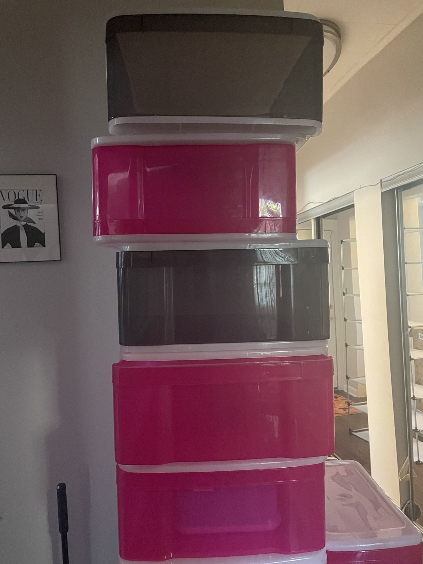 Large stackable plastic drawers from container store (9 available - $15 each)