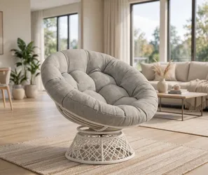 Swivel Papasan Chair — White Frame, Silver Cushion (Brand New) - M21C