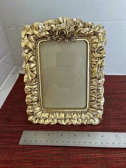 Gold Tone Picture Frame Embossed Roses, Ribbon, Lace - Photo 4"x6" 