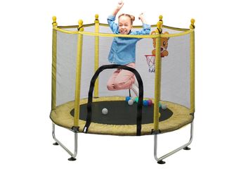140 cm Children's Elastic Bed, Trampolim Criança Outdoor with Safety Net, Inner Elastic Beds with Basketball Hoop Trampolines for Children 2-3 Years