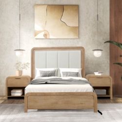 Beige Wooden Bed - Fabric Headboard - Queen & King Size Bed