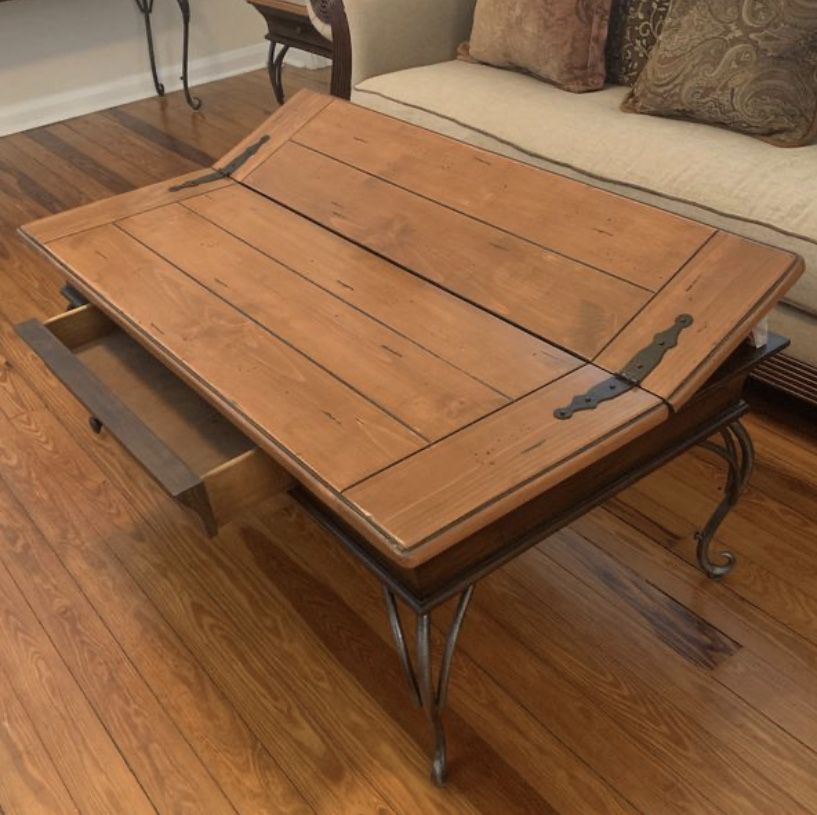 Living room table set. Wood and iron. 2 side tables, coffee table and console table.