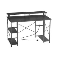 47" Gaming Desk with LED Lights & Power Outlets, Computer Desk with Monitor Stand & 2-Tier Storage Sheves, Study Work for Home Office, Black