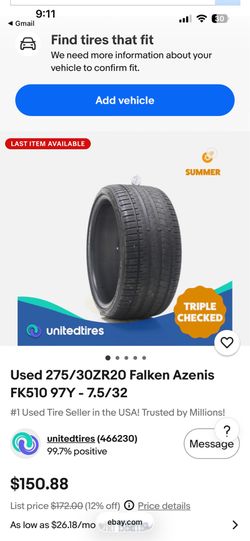 falken azenis fk510 used tire 275/30zR20 97Y  7.5/32