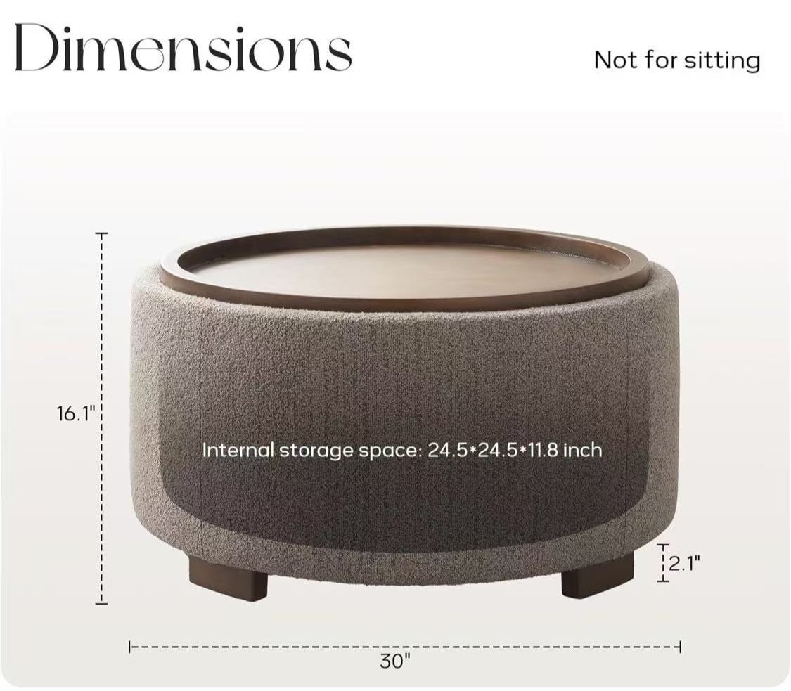 ✌️ 30 Inch Round Storage Ottoman Coffee Table, Modern Boucle Ottoman with Lift-Off Lid and Solid Wood Legs for Living Room, Bedroom, Corners