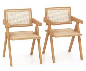 Natural Rattan Accent Chairs Mid-Century Dining Armchair Bamboo Frame Kitchen (Set of 2)