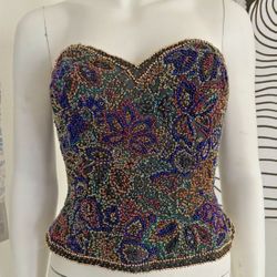 Vintage 1980s Oleg Cassini Black Tie Strapless Silk Bustier Top w Sequins