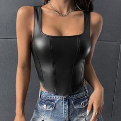 Black faux leather corset top