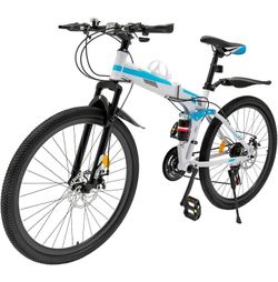 White and light blue folding mountain bike
