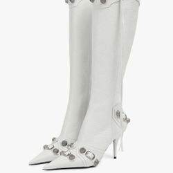 Ancomafio Knee High Boots for Women Stiletto Heel Studded Boots Pointed Toe Rivets Tassel Boot Sexy High Heel Punk Boots Zipper