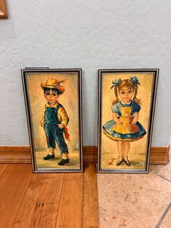 Vintage Myrle Medeiros 60's Farmer Boy & Girl With Pigtails Framed Art Print Set