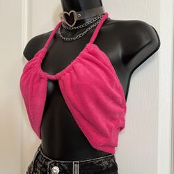 NWOT- Terry Cloth Material Hot Pink Halter Crop  Top💗 (festival, Rave, Costume, Halloween DIY)
