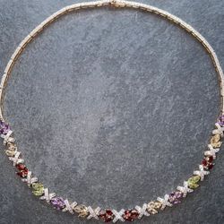 Vintage Ross Simons Gold on Sterling Silver Vermeil Multi-Gemstone Necklace 17”