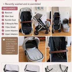 Uppa baby vista v2 with main seat + rumble seat + bassinet + adapters + 2 mosquito nets + 1 rain shield