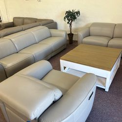 Furniture- 100% Real Genuine Leather Sofa With 3 Power Recliners- Lexanna