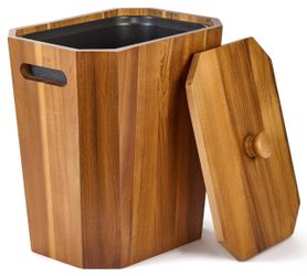 2.6 Gallons Acacia Wooden Wastebasket W/ Lid & PP Liner Small Trash Can