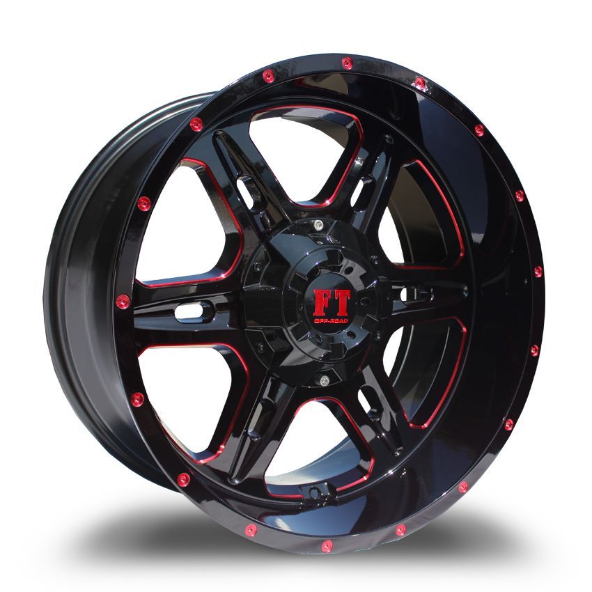 Full Throttle FT6054 Bullet Gloss Black Red Milled | Truck Fitment Wheels Rims