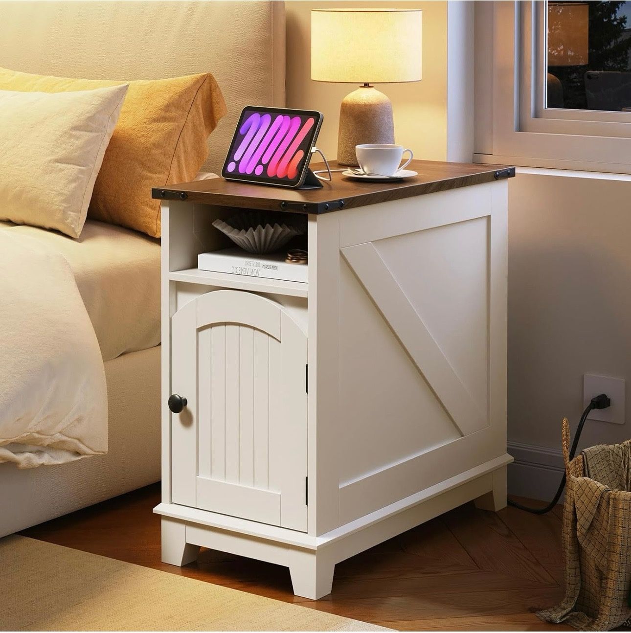 Narrow Farmhouse End Table with Charging Station, Slim Side Table for Living Room, Small Nightstand, Narrow End Tables for Living Room & Small Spaces,